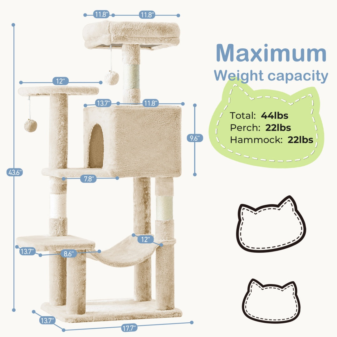 🎁 Arbre à Chat 44'' – LIVRAISON GRATUITE – Tour Multi-Niveaux avec Griffoirs en Sisal