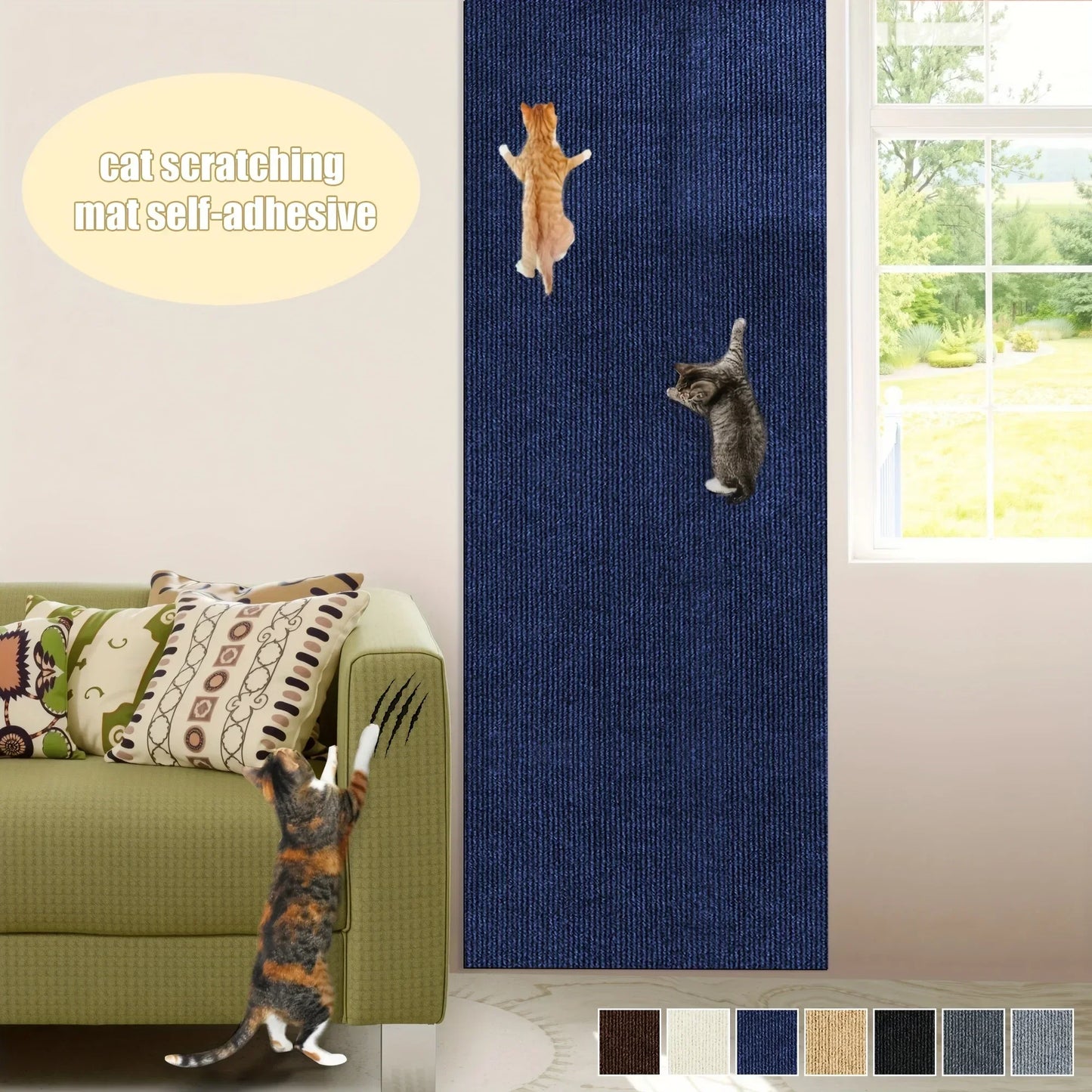 Tapis antigriffes autocollant bleu foncé avec silhouettes de chat griffant