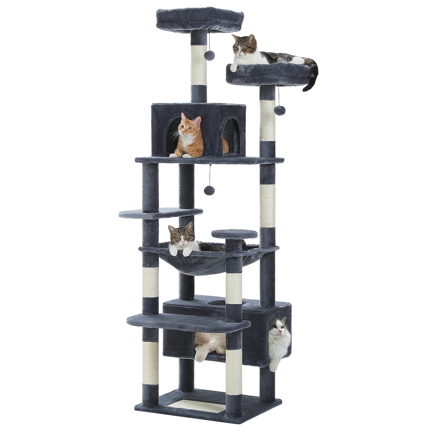 Chat jouant sur grand arbre à chat 180cm - mobilier félin premium Cat Luna couleur foncé