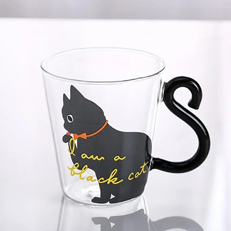 Mug en verre borosilicate transparent avec anse en forme de queue de chat, capacité 250ml