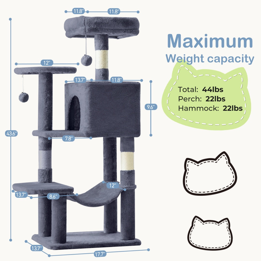 🎁 Arbre à Chat 44'' – LIVRAISON GRATUITE – Tour Multi-Niveaux avec Griffoirs en Sisal