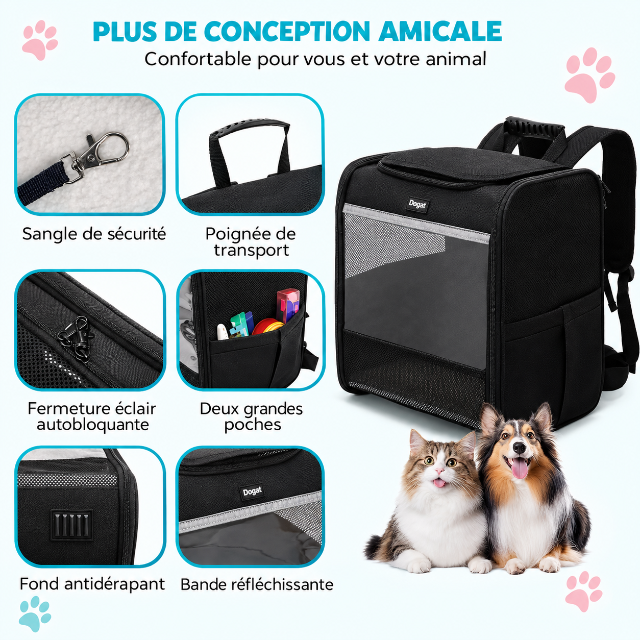 Sac à dos de transport noir avec fermeture éclair automatique et grandes poches de rangement.