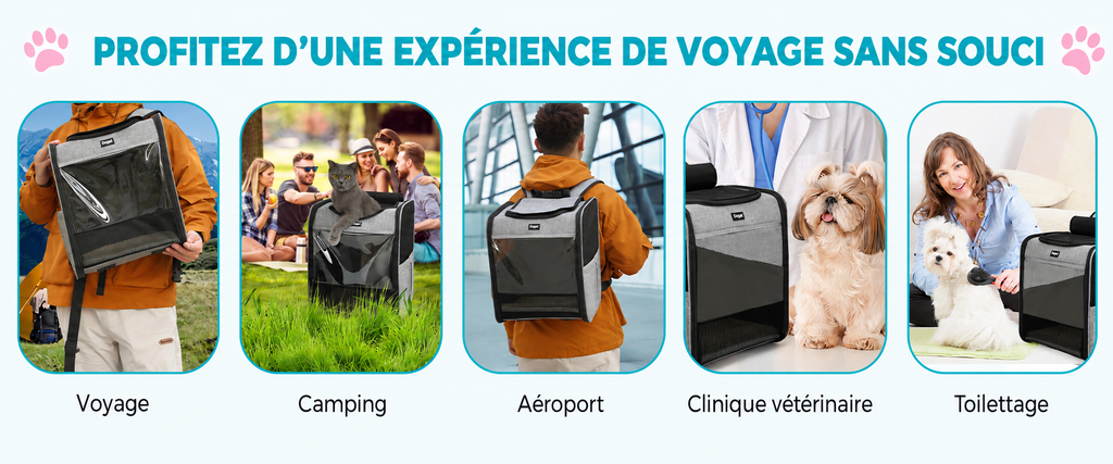 Sac à dos de transport noir porté en voyage : version compacte pour animal.