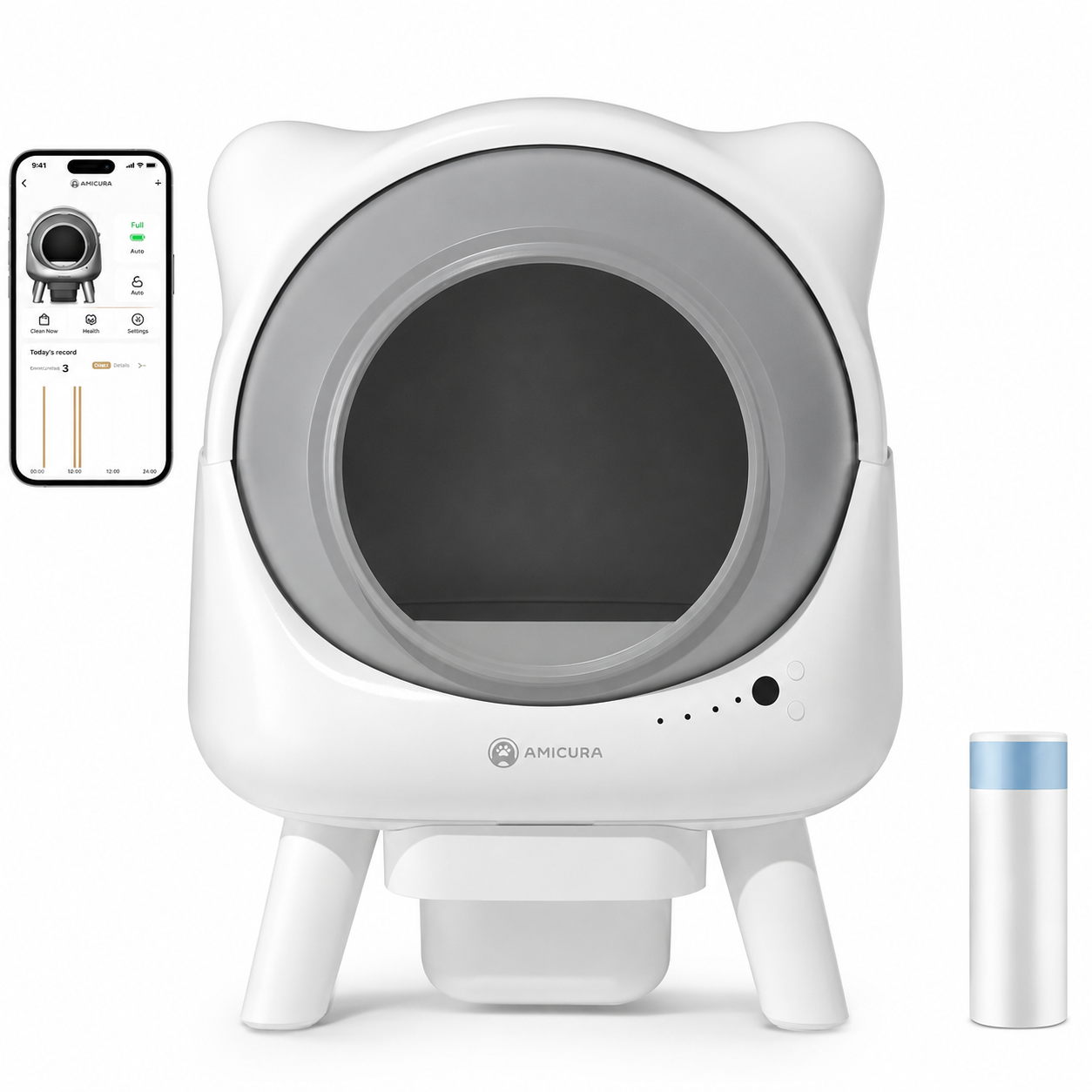 Litière automatique blanche avec ouverture circulaire et pied stabilisateur