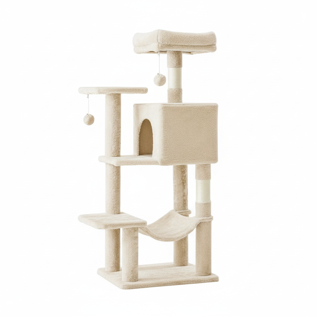 Arbre à chat multi niveaux sur fond blanc 