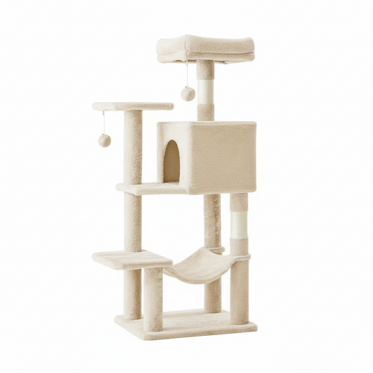 Arbre à chat multi niveaux sur fond blanc 