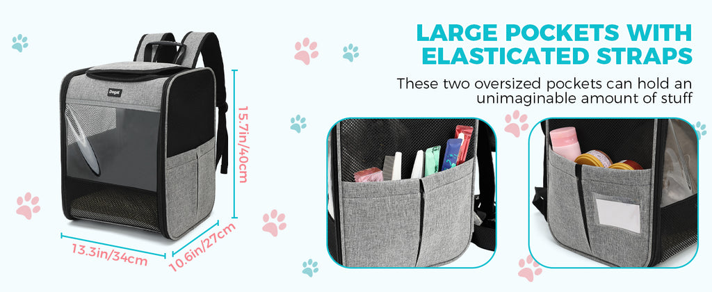Sac à dos de transport pour animaux, gris et noir, poches latérales élastiques