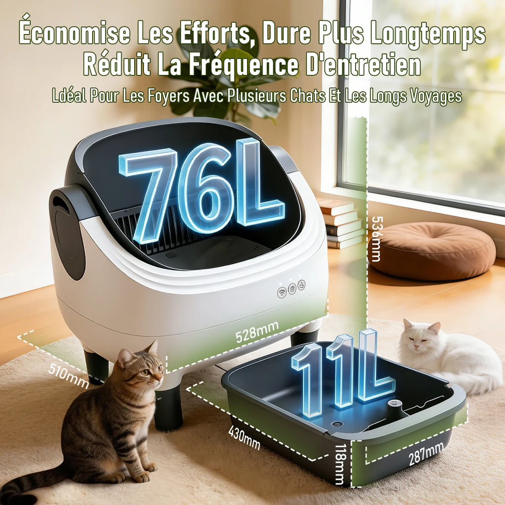 Litière automatique autonettoyante blanche avec couvercle ouvert, capacité 76 L, chat à proximité.
