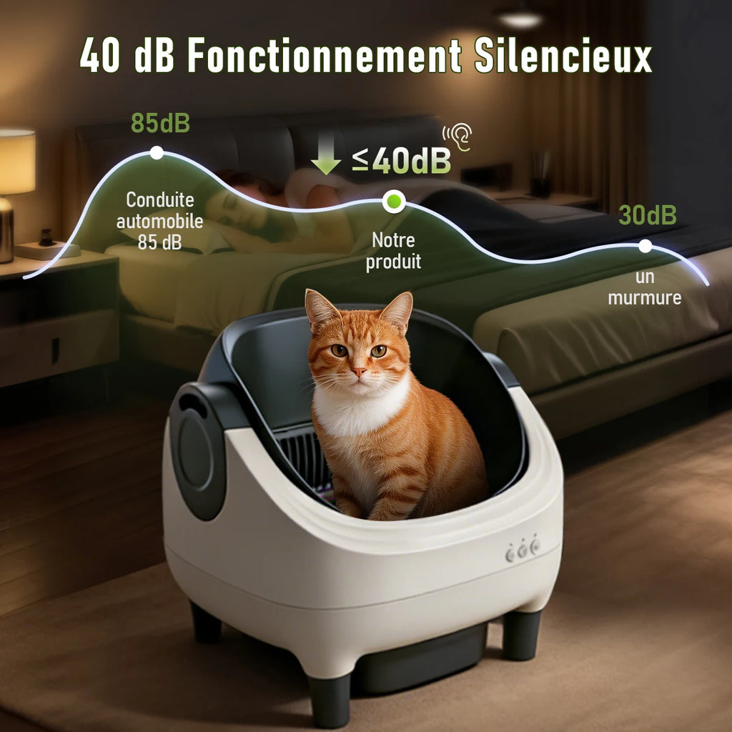 Litière automatique autonettoyante blanche avec chat à l’intérieur, anneaux lumineux de commande.