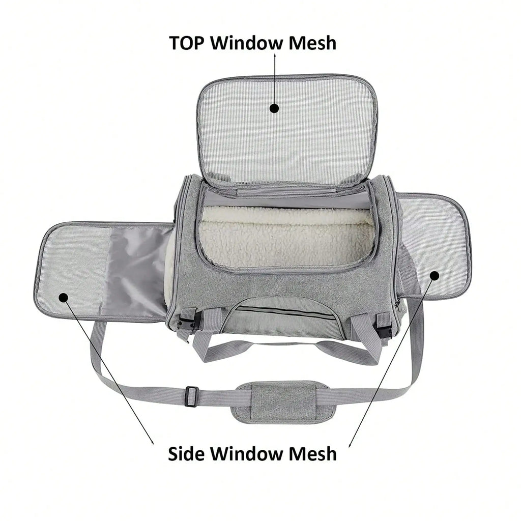 Sac de transport gris avec fenêtres en filet sur le dessus et les côtés, zips