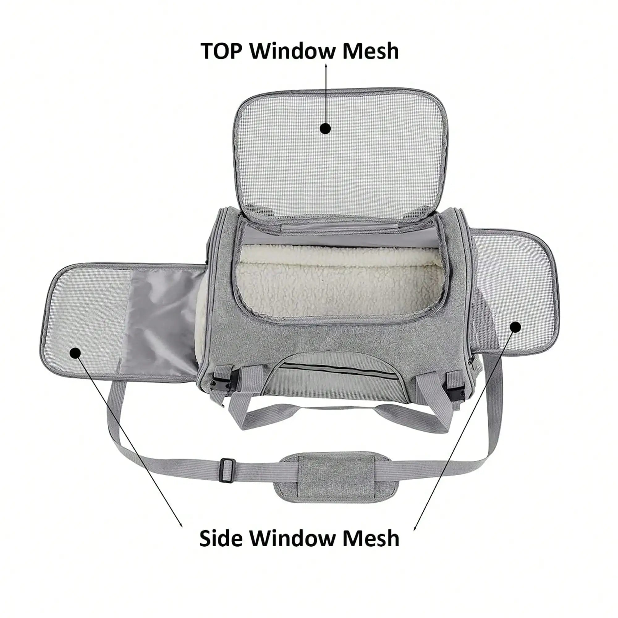 Sac de transport gris avec fenêtres en filet sur le dessus et les côtés, zips