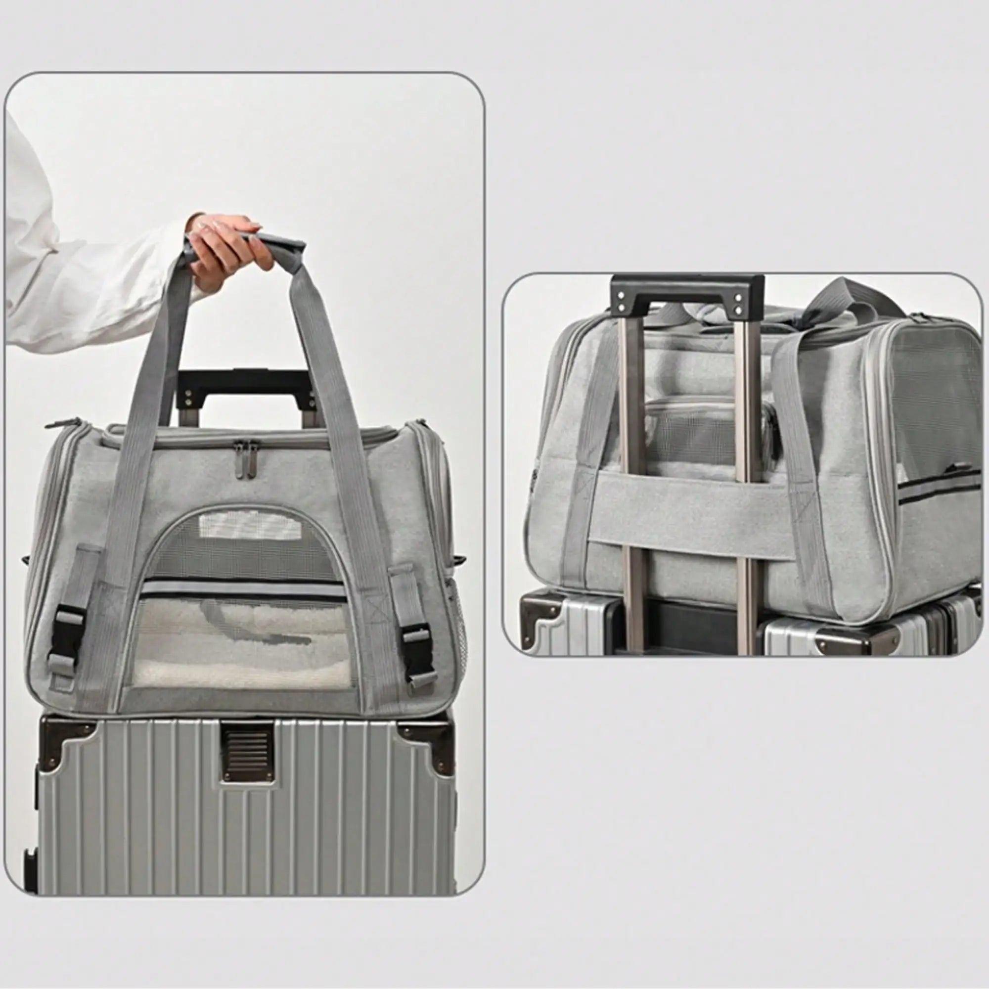 Sac de transport gris déplié, poignées réglables et fixation sur valise