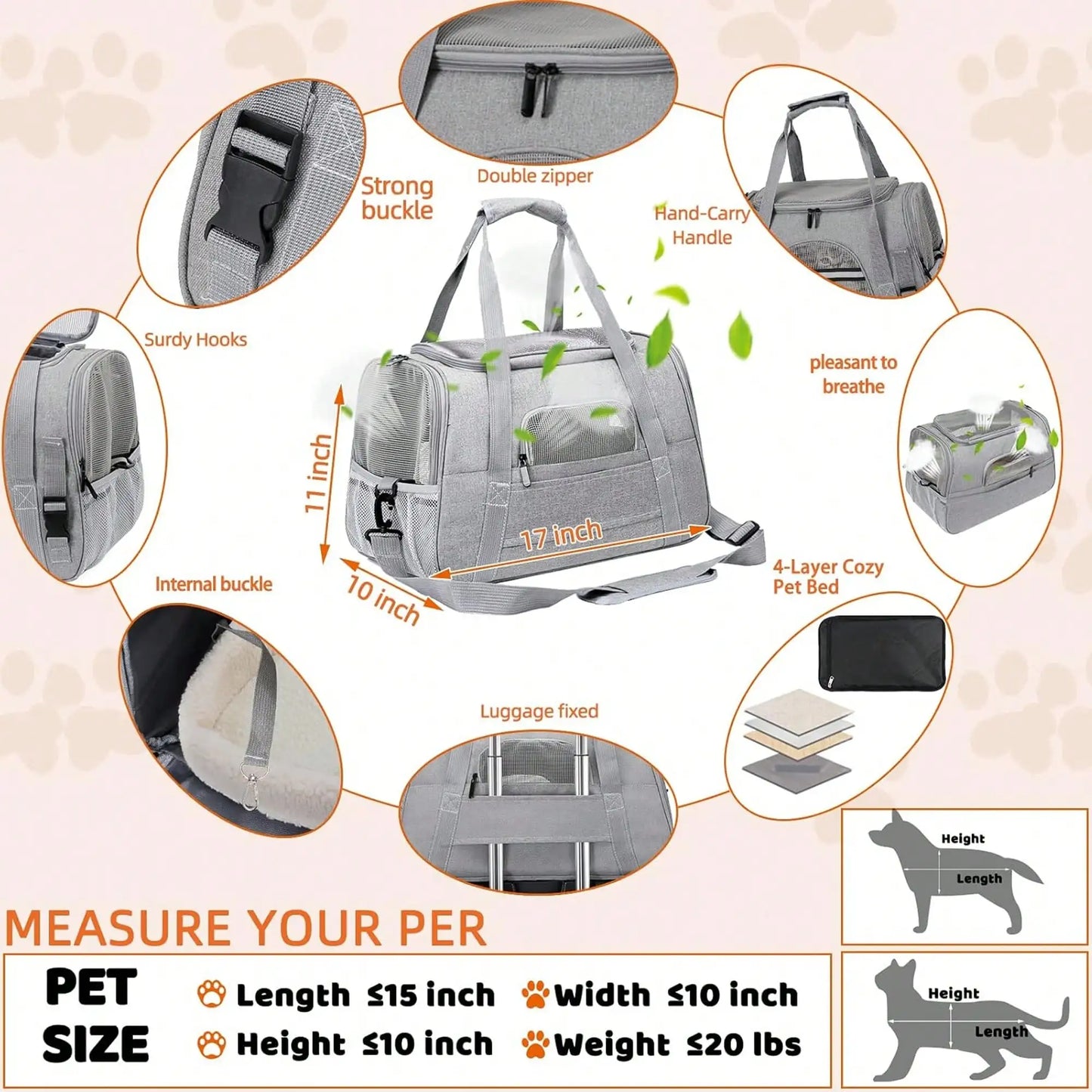 Sac de Transport Pliable Chat & Chien – Approuvé Avion, Matelas Inclus (Gris, Taille L)