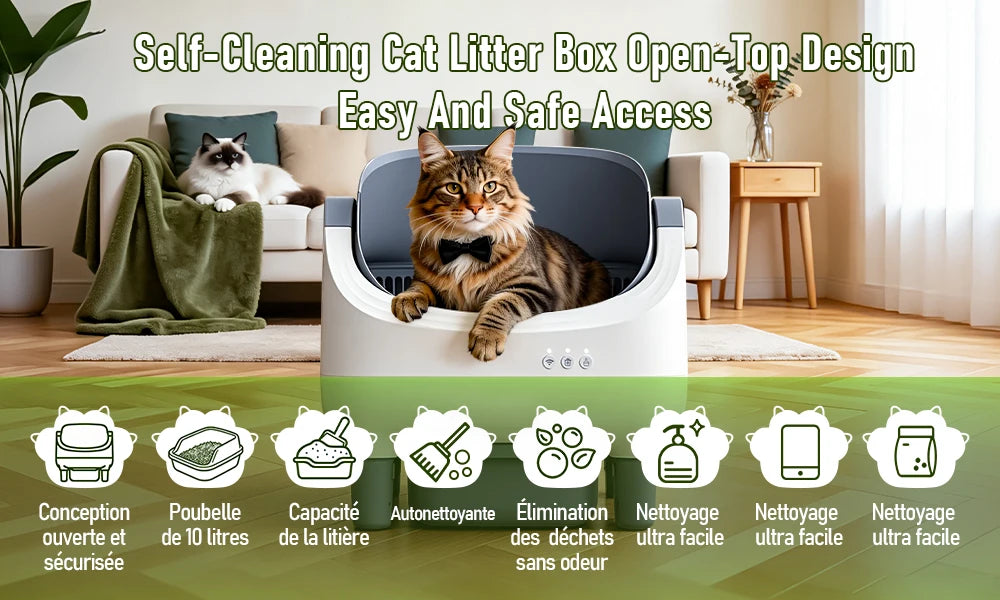 Litière automatique autonettoyante blanche à ouverture par le haut, chat assis à l’intérieur.