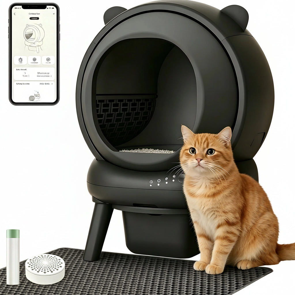 Litière autonettoyante noire pour chat, entrée ouverte et chat à l’avant