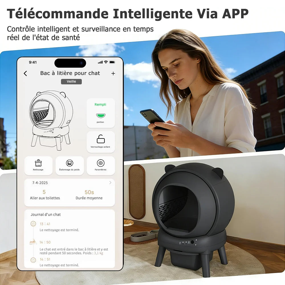 Litière Autonettoyante Connectée — Grande Capacité 65L, Contrôle via App, Triple Anti-Odeur