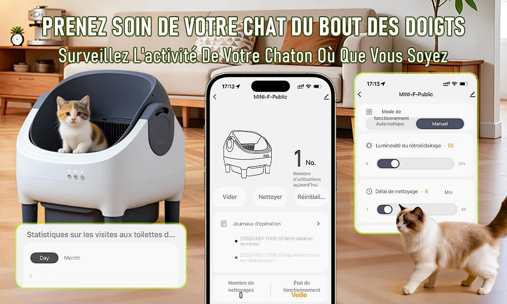 Litière automatique autonettoyante blanche, toit bleu foncé, commande via application.