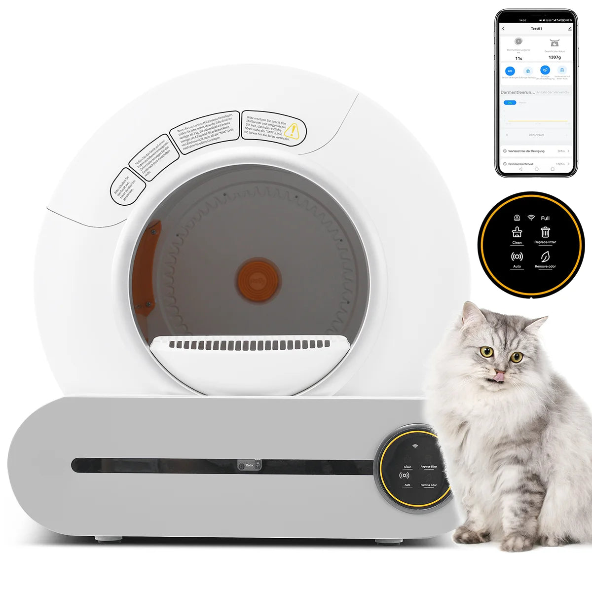 Litière connectée autonettoyante blanche et grise pour chat, panneau de commande circulaire