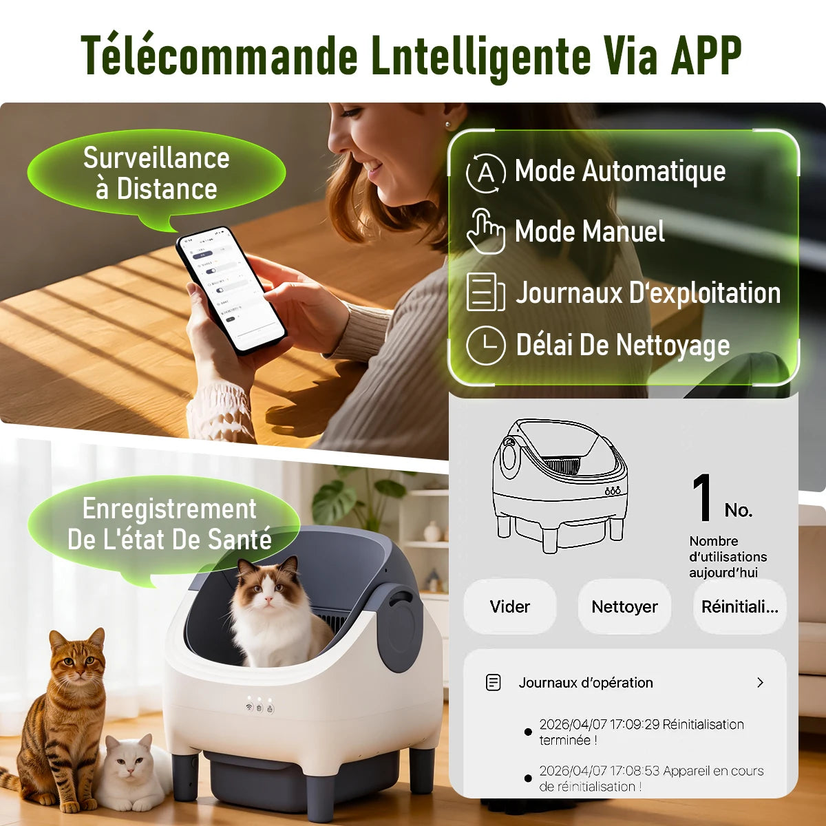Litière automatique blanche autonettoyante connectée à une application via smartphone.
