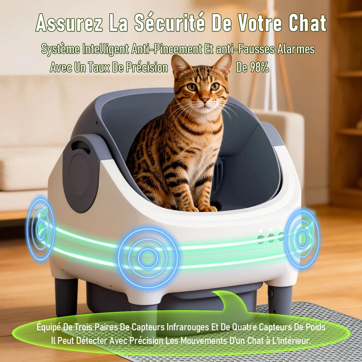 Litière automatique autonettoyante 76 L – Contrôle par application