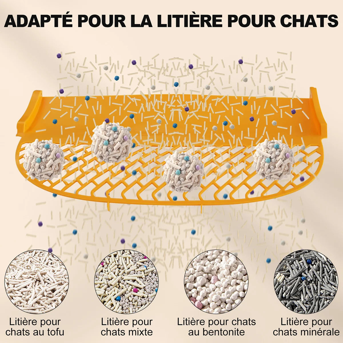 Plateau de litière jaune avec zones d’adaptation, pour litières chat et mélange