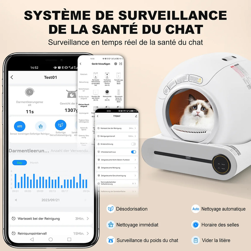 Litière connectée autonettoyante blanche pour chat, vue trois-quarts, fenêtre d’accès