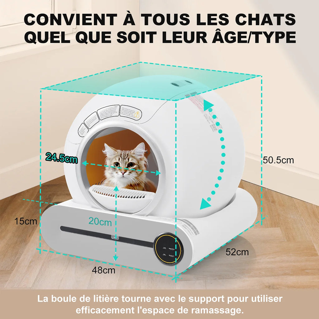 Litière connectée autonettoyante blanche pour chat, vue avec dimensions, ouverture ronde