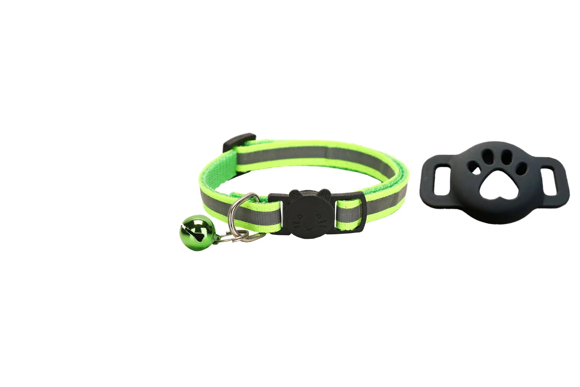 Collier vert pour chat avec liseré réfléchissant, sangle réglable et support AirTag noir