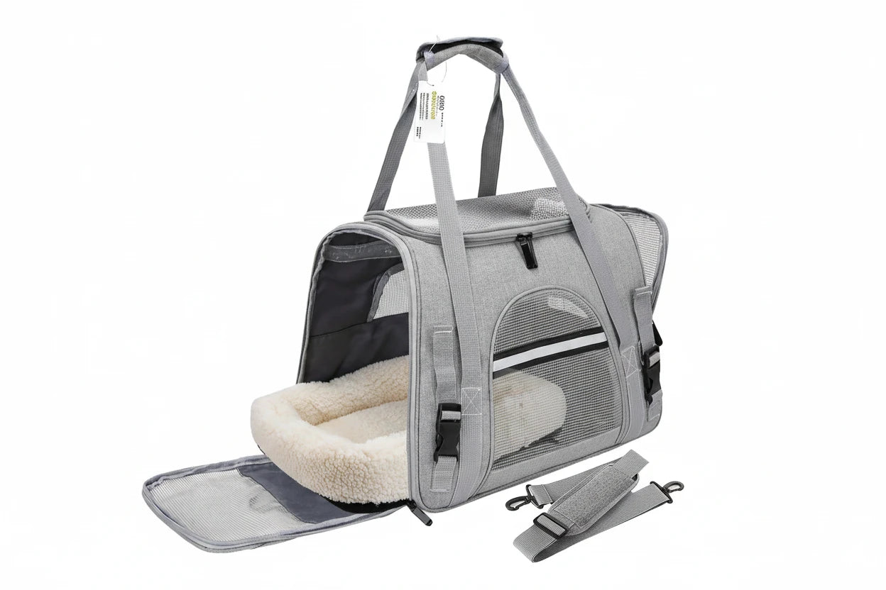 Sac de transport pliable gris pour chat et chien, avec matelas et ouverture latérale