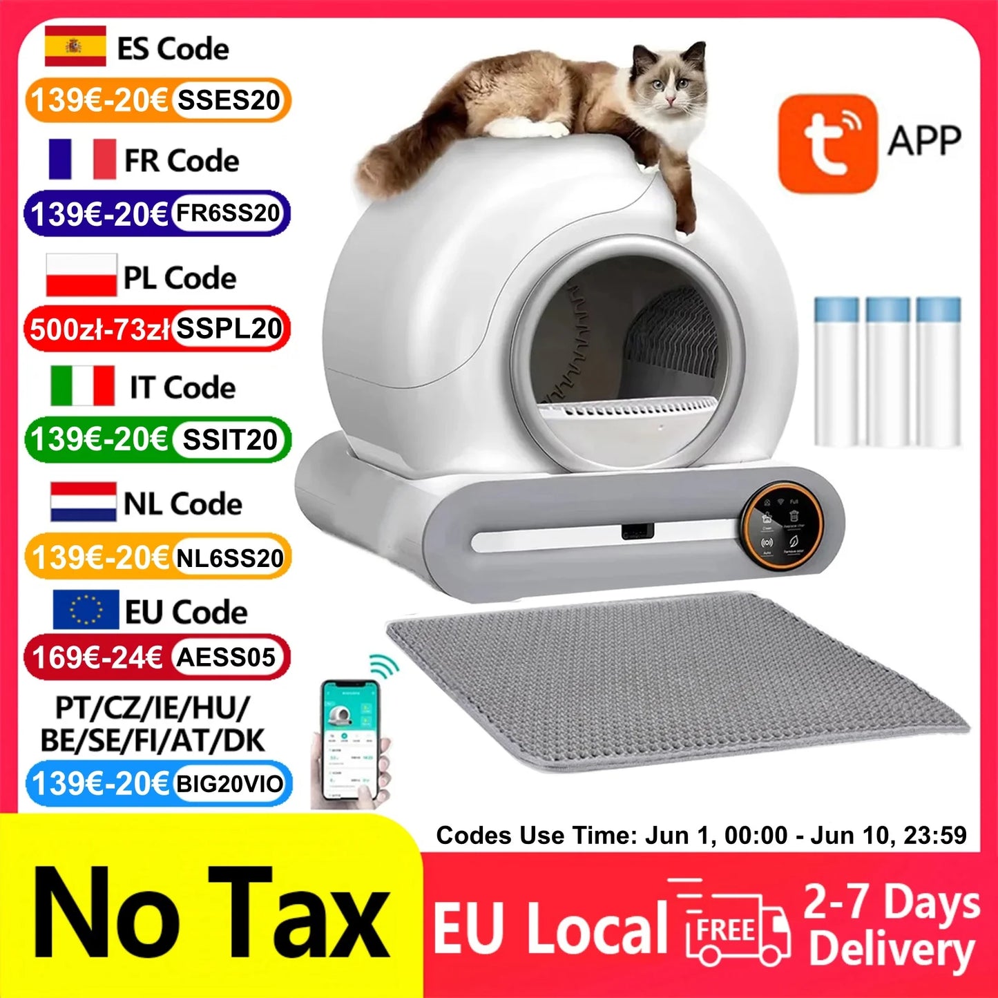 Smart Self-Cleaning Cat Litter Box – 65L, WiFi & Mobile App