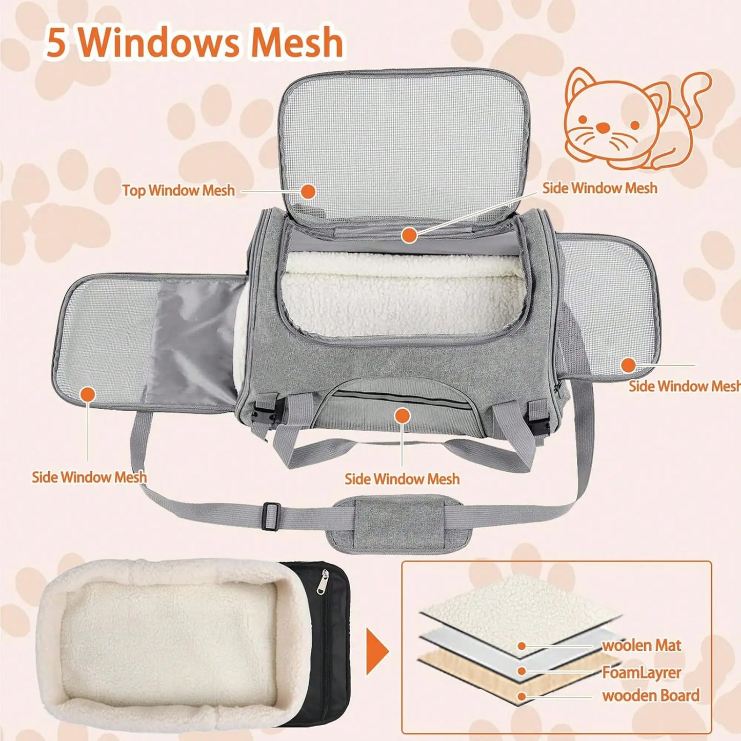 Sac de Transport Pliable Chat & Chien – Approuvé Avion, Matelas Inclus (Gris, Taille L)