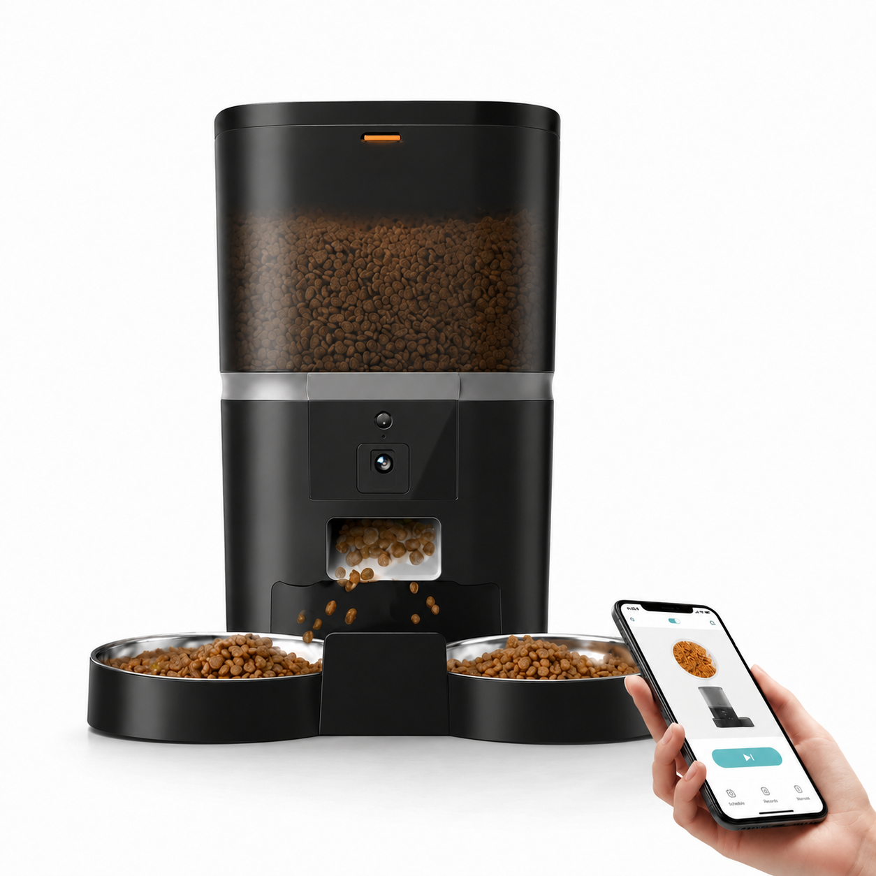 Distributeur automatique de croquettes 4L noir avec deux bols et smartphone pour pilotage.