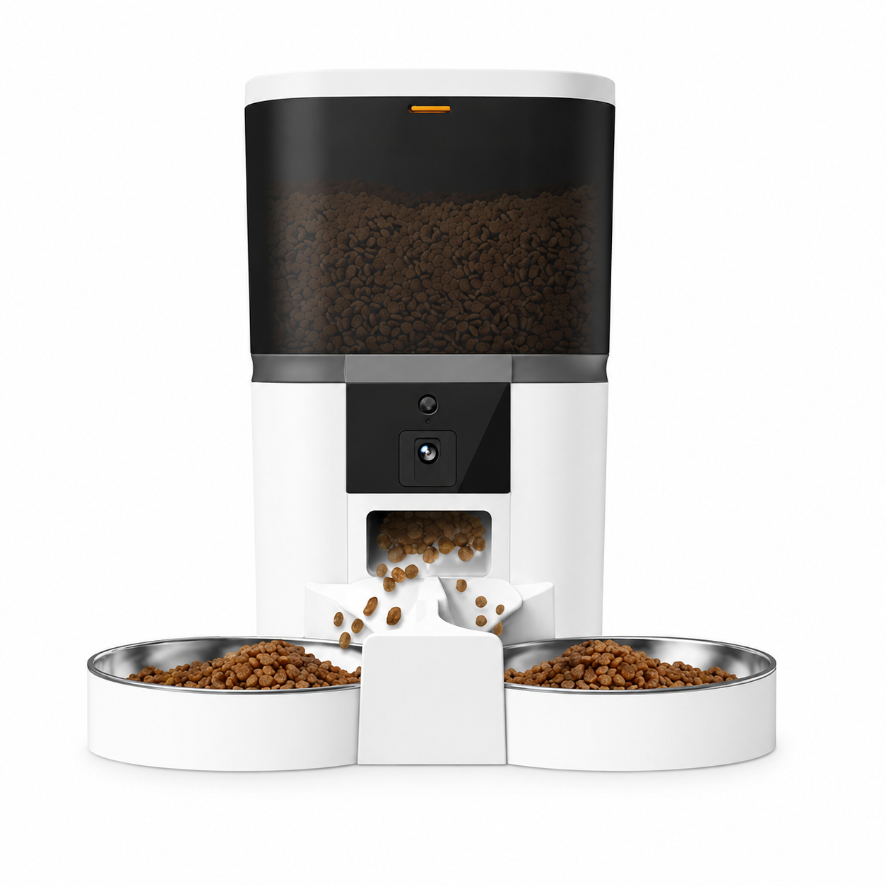 Distributeur automatique de croquettes 4L blanc avec réservoir transparent et trappe d’alimentation.