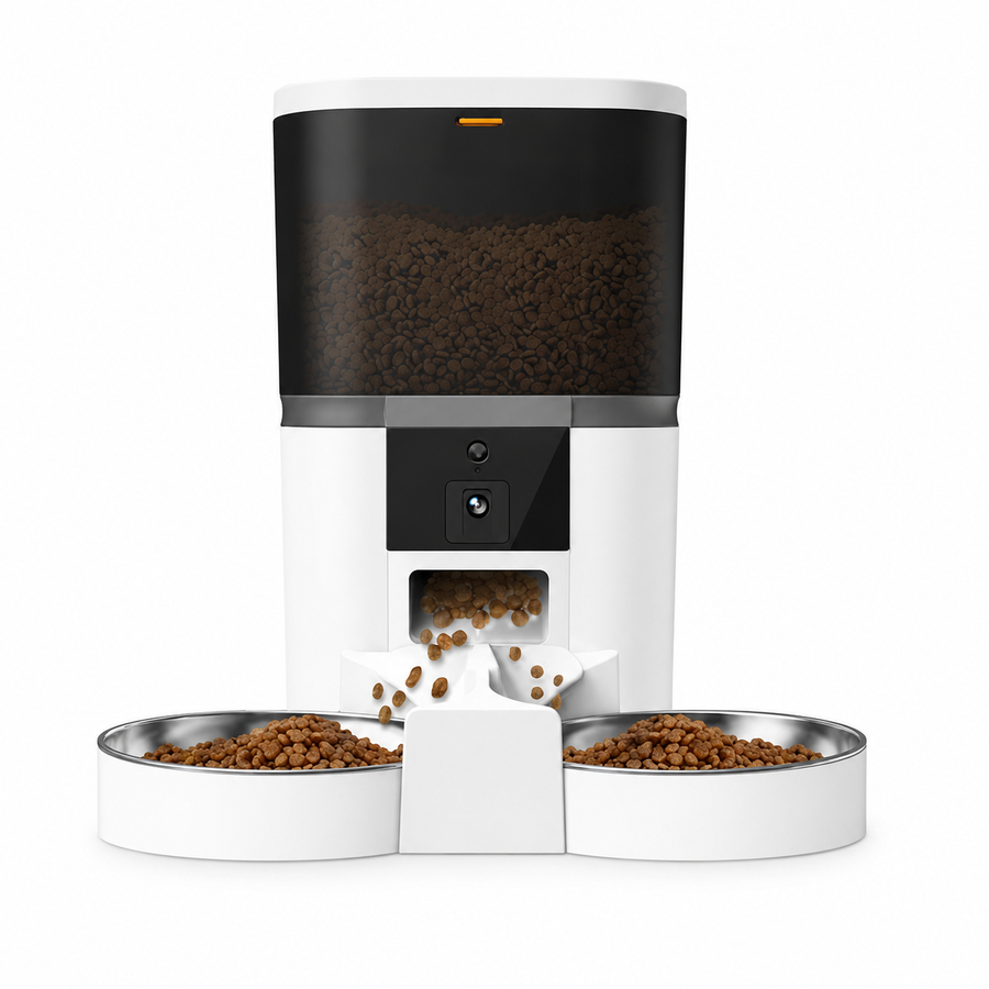 Distributeur automatique de croquettes 4L blanc avec réservoir transparent et trappe d’alimentation.