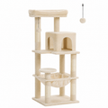 Arbre à chat beige 5 niveaux, plateformes et poteaux, coussin suspendu, balles pendantes
