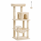 Arbre à chat beige 5 niveaux, plateformes et poteaux, coussin suspendu, balles pendantes