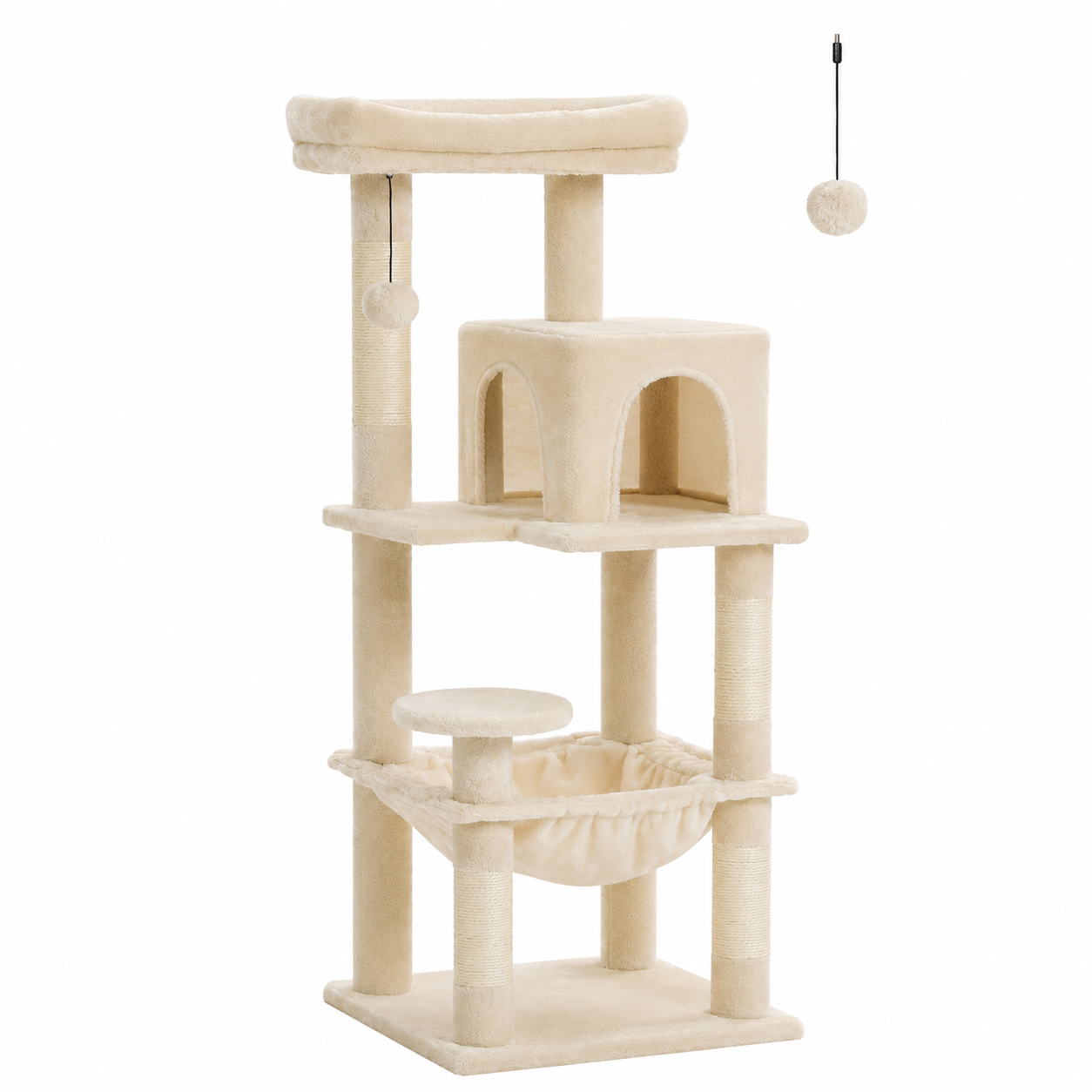 Arbre à chat beige 5 niveaux, plateformes et poteaux, coussin suspendu, balles pendantes