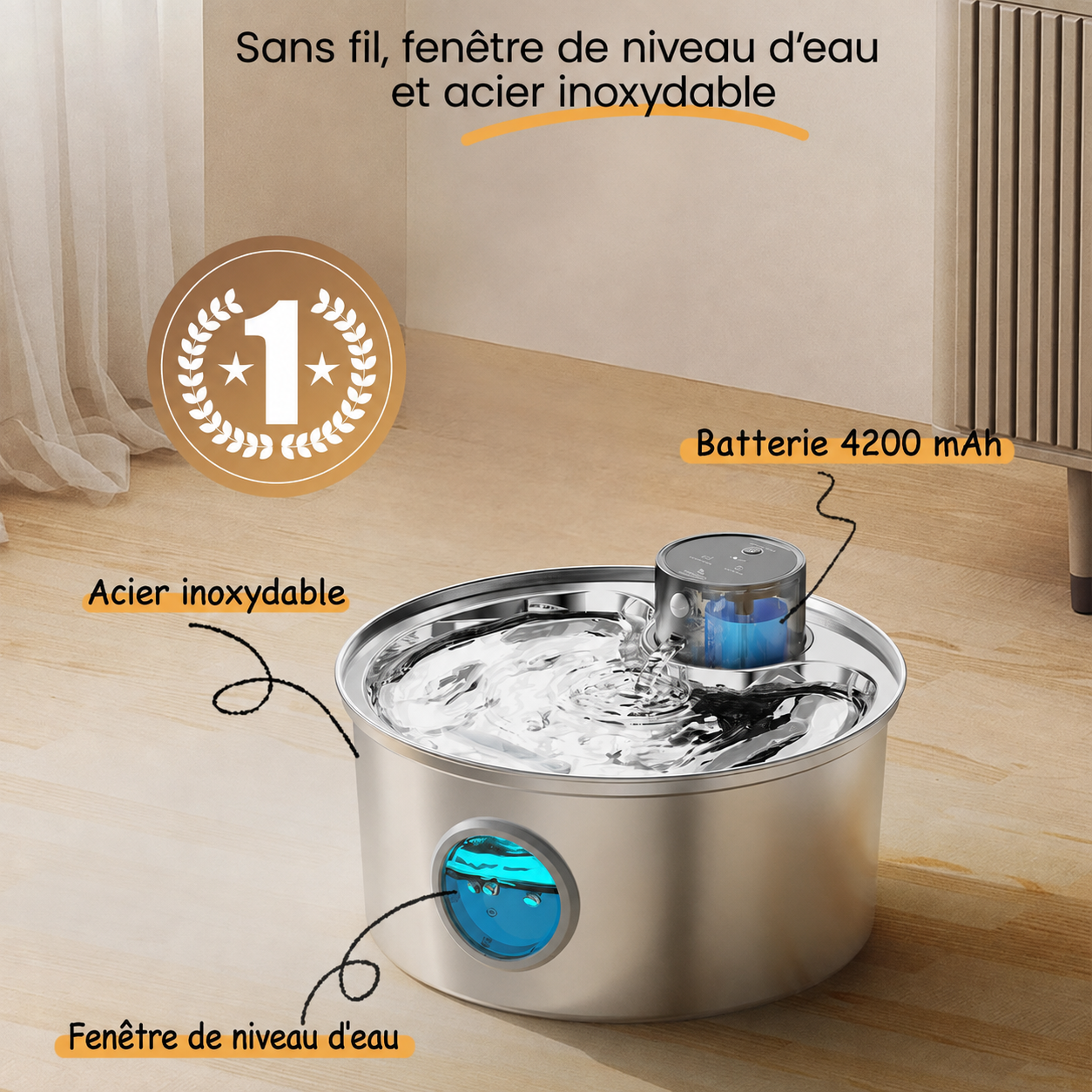 Fontaine à eau inox sans fil pour chat, réservoir circulaire et fenêtre à eau bleue.