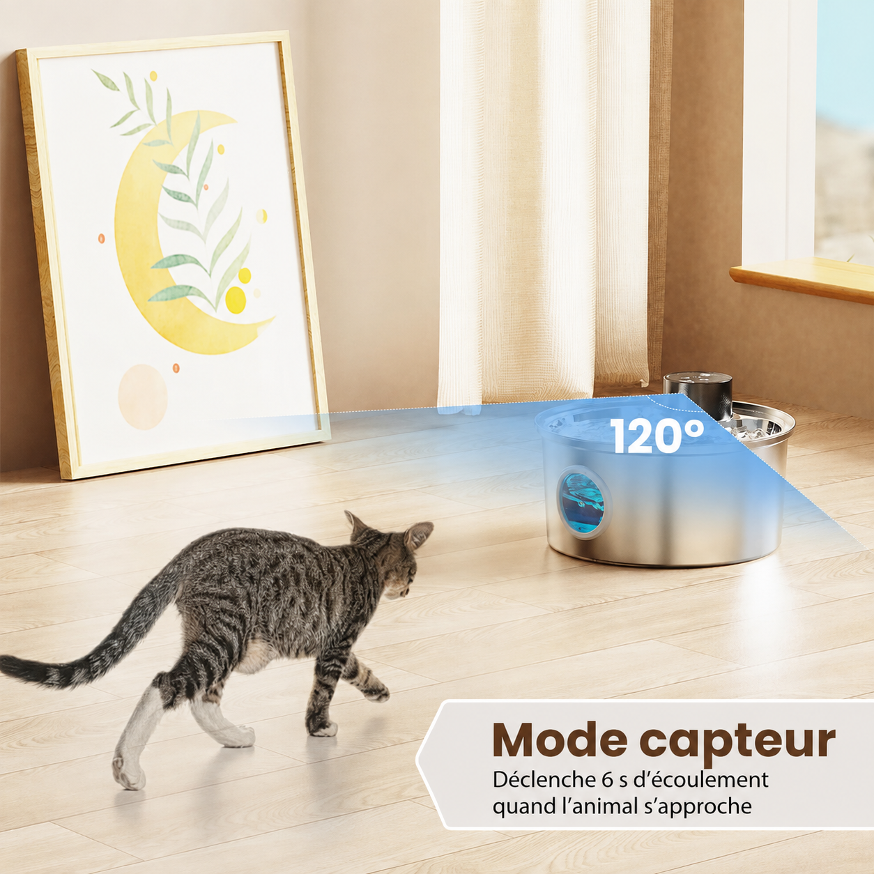 Fontaine à eau pour chat en acier inoxydable, voyant bleu de niveau d’eau intégré.
