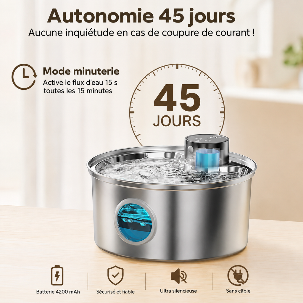 Fontaine à eau pour chat inox, grand réservoir et voyant bleu, autonomie 45 jours.
