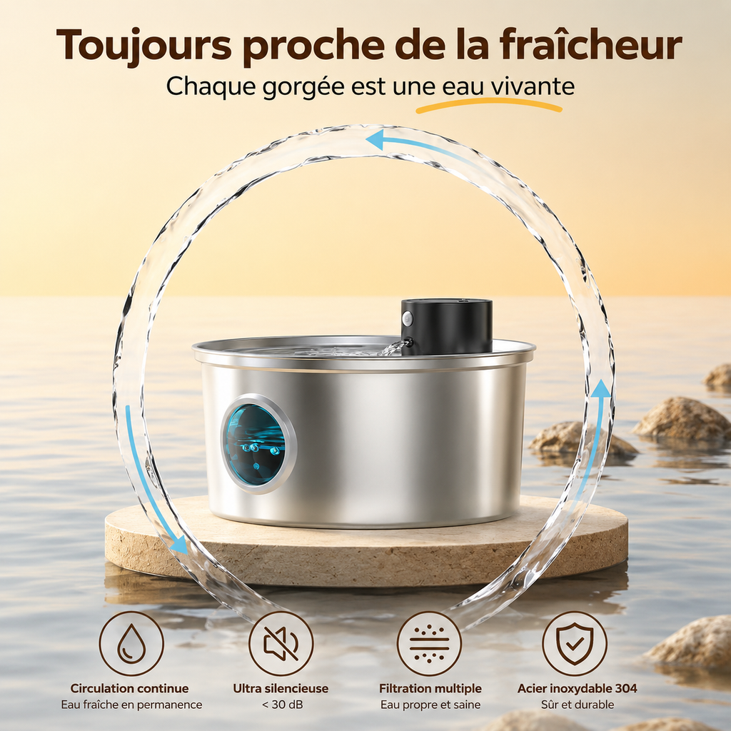 Fontaine à eau pour chat inox avec jet d’eau en arc et voyant bleu de niveau.