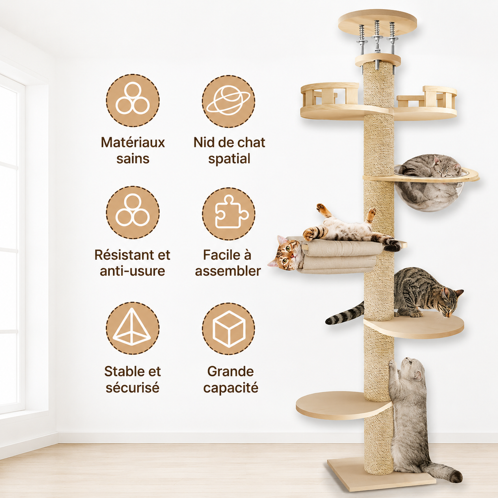 Arbre à chat sol-plafond en sisal avec plateformes, hamac et niche pour chats