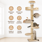 Arbre à chat sol-plafond en sisal avec plateformes, hamac et niche pour chats
