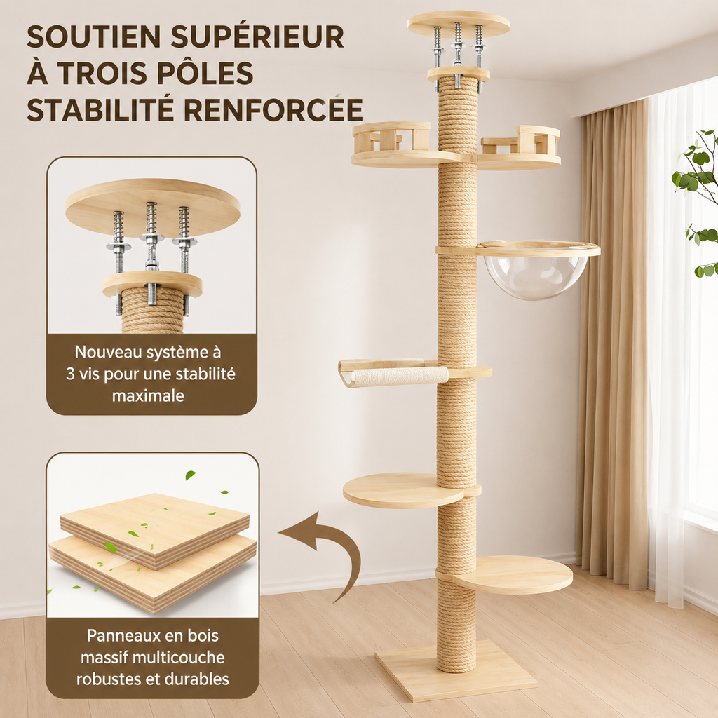 Arbre à chat sol-plafond sur trois poteaux en sisal, plateformes rondes et hamac