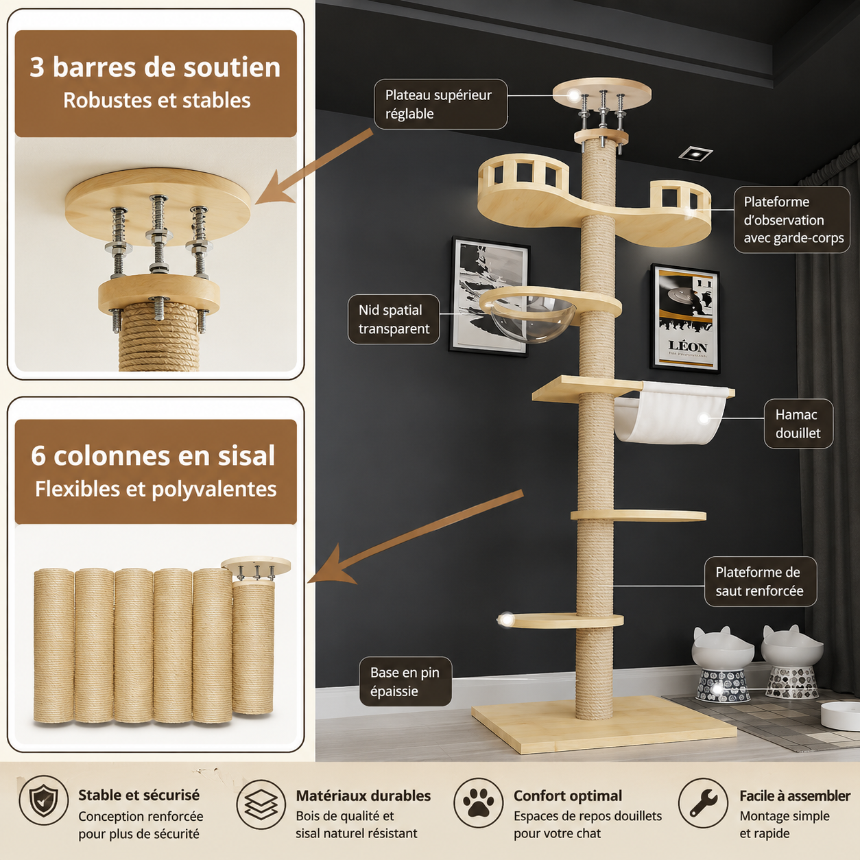 Arbre à chat sol-plafond avec base renforcée et poteaux en sisal, plusieurs niveaux
