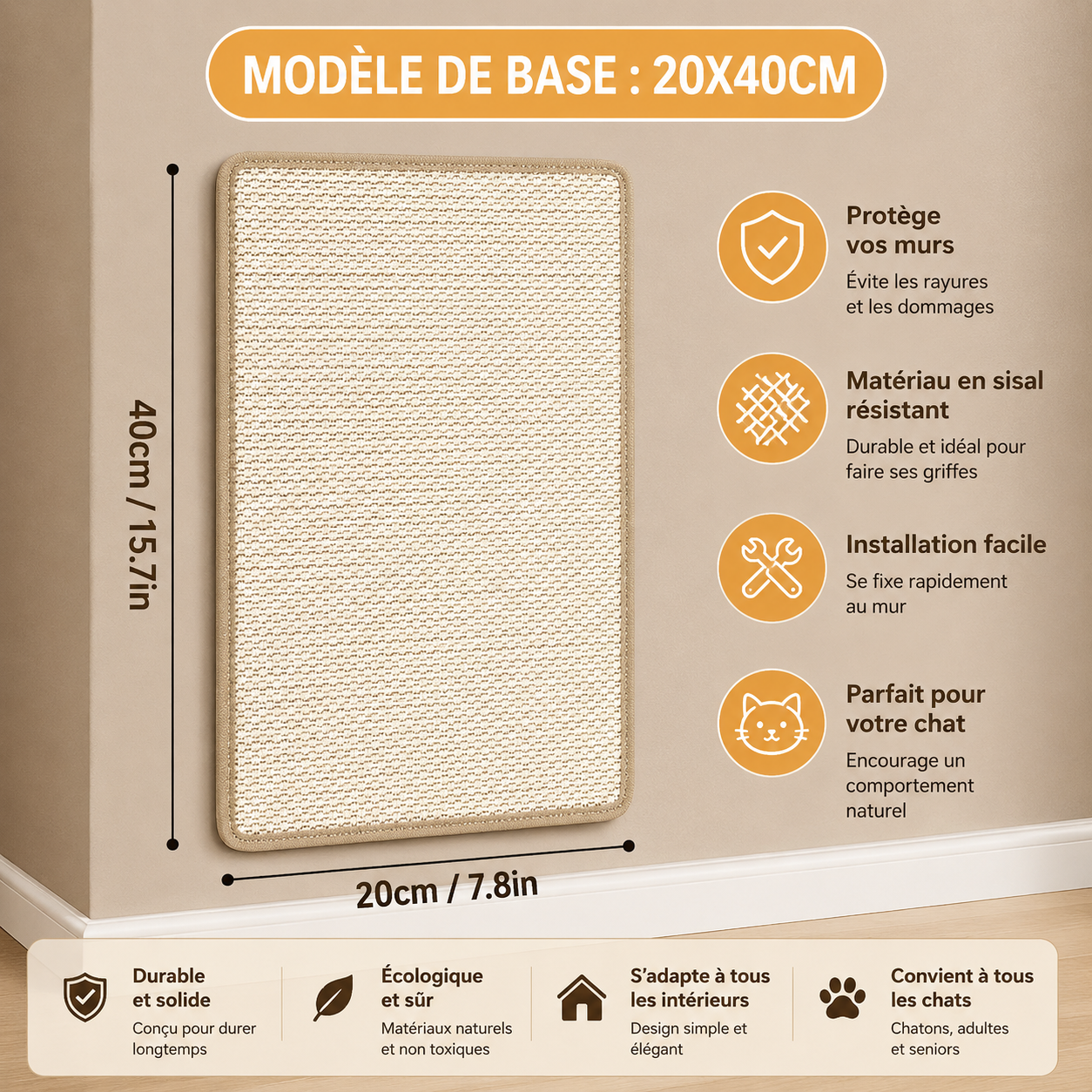 Griffoir rectangulaire en corde de chanvre beige, surface tissée, cadre bords renforcés.