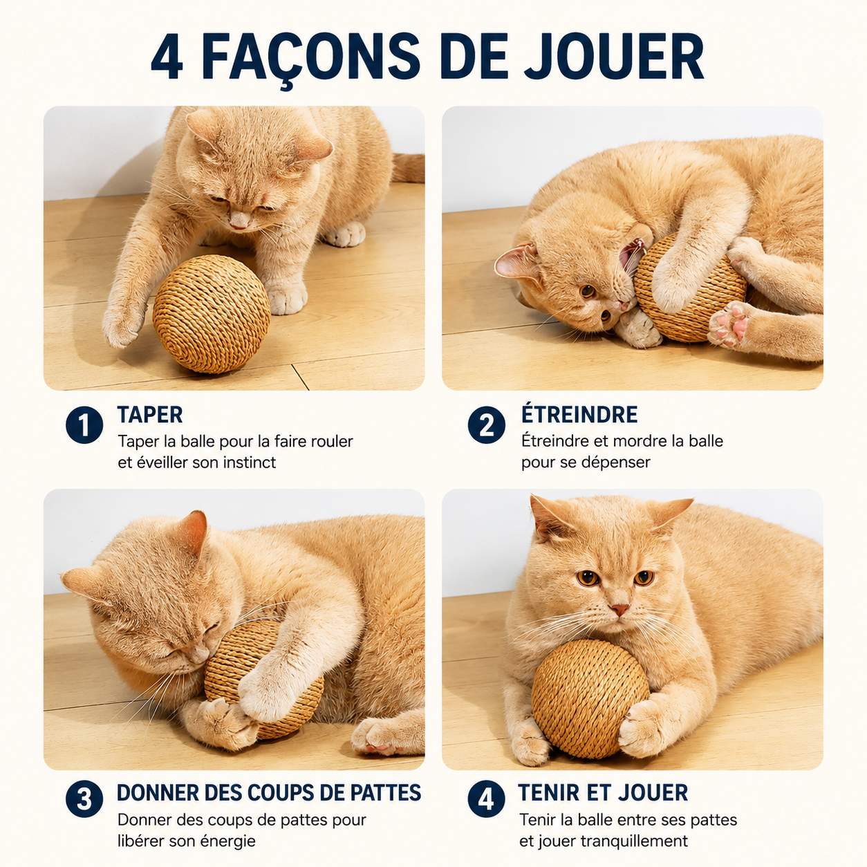 Balle en sisal pour chat, beige tressé, utilisée par un chaton allongé