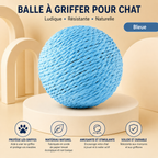 Balle à griffer en sisal bleue tressée pour chat, gros plan sur la balle