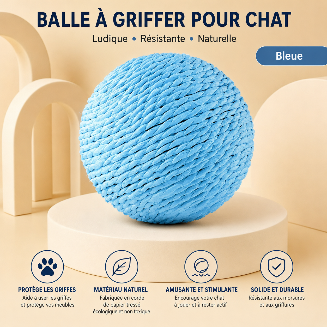 Balle à griffer en sisal bleue tressée pour chat, gros plan sur la balle
