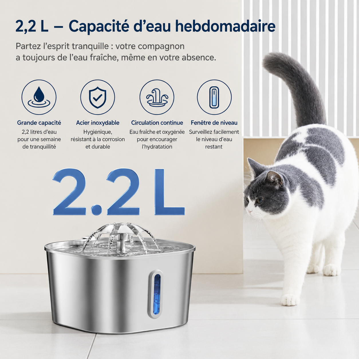 Fontaine à eau pour animaux en inox, témoin lumineux bleu, dessus avec jet d’eau.